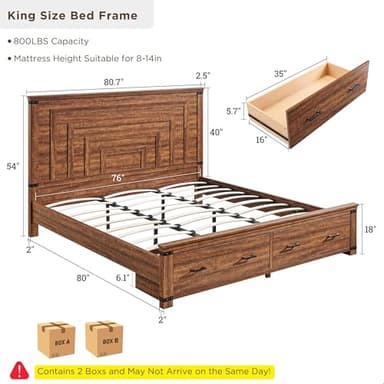 T4TREAM Farmhouse King Size Bed Frame with 54" Tall Geometric Headboard & 2 Large Storage Drawers, Rustic Wood Platform Bed with Wood Slats Support, No Box Spring Needed, Reclaimed Barnwood - Image 2