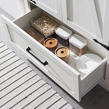 JXQTLINGMU Farmhouse Kitchen Pantry Cabinet - 72" Tall Wood Kitchen Storage Cabinets with Adjustable Shelves & 2 Barn Style Doors & Drawer, Versatile Storage for Dining Room, Bathroom, Antique White - Image 8