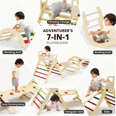 BlueWood Pikler Triangle Set, Toddler Wooden Climbing Toys Indoor 7in1 Foldable Climber for Kids, Montessori Philosophy Play Jungle Gym with Arch, Ramp, Ladder (Warm Winter Christmas) - Image 3