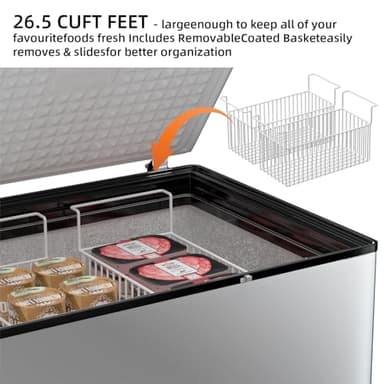 26.5 Cu Ft Chest Freezer - Large Commercial Deep Freezer with 3 Removable Basket and Adjustable Thermostat - 2 Door Energy Saving Quiet for Restaurants, Supermarkets, and Garages - Image 5