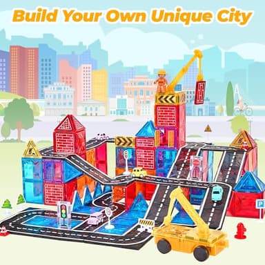 Magnetic Tiles Road Set with Car Crane and Toy Figurine, Construction Tiles Building Blocks Set for Kids Birthday Gifts, Educational STEM Sensory Toys for 3 4 5 6 7 8+ Year Old Toddlers Boys Girls - Image 8