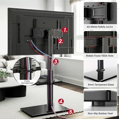 AOKCOS Floor TV Stand with 60-Degree Swivel, TV Floor Stand for 32-65 inch TVs up to 88lbs with Tilt, 8 Level Height Adjustable Tall TV Mount Stand with Shelf, Tempered Glass Base, MAX VESA 400x400mm - Image 6