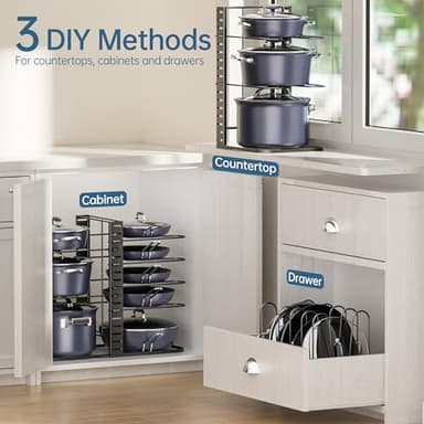 ORDORA Pots and Pans Organizer under Cabinet 14.55 Height, Adjustable 8-Tier Pot Organizers inside Cabinet, Kitchen Organizers and Storage Fit 6-11 inch Lightweight Cookware - Image 6