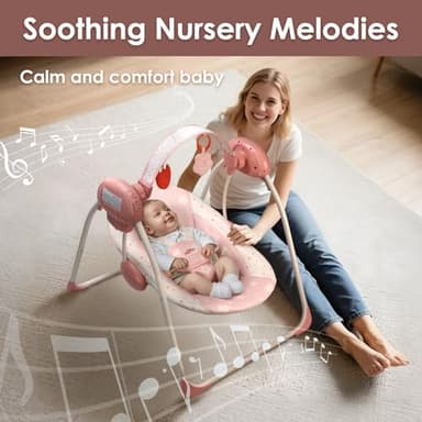 Baby Swings for Infants, Tiny Marvels Portable Swing with Adaptable Speed, Music, Removable-Toy-Bar, Foldable Infant Swing for Indoor and Outdoor Use, 0-9 Months 6-20 lbs(Blush Bloom) - Image 4