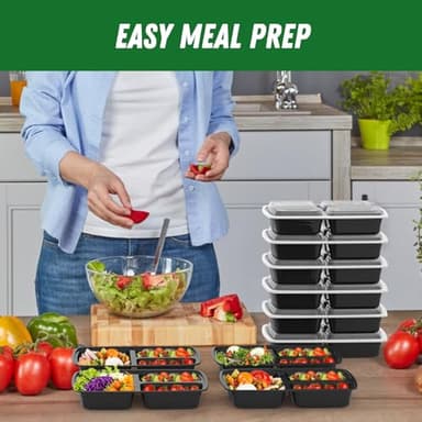 50 Pack (100-Piece) 32 oz Meal Prep Containers Reusable with Lids 3-Compartment, To Go Take Out Plastic Food Storage Containers, Sturdy Leakproof Food Safe, Microwave Freezer Dishwasher Safe, Black - Image 6