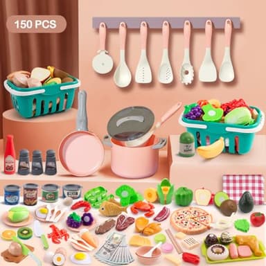 150Pcs Kitchen Playset, Toddlers Pretend Cooking Cookware Accessories, Food, Picnic Blanket, Fruits, Veges, 2Pack Shopping Storage Basket, Dessert and Prop Money, Gift for Kids (Pink) - Image 2