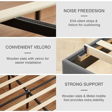 VECELO Upholstered Full Bed Frame with Headboard Adjustable, Velvet Platform Bed with LED Lights, Charging Station, Mattress Foundation with Wooden Slats, Noise Free, No Box Spring Needed, Soft Grey - Image 7