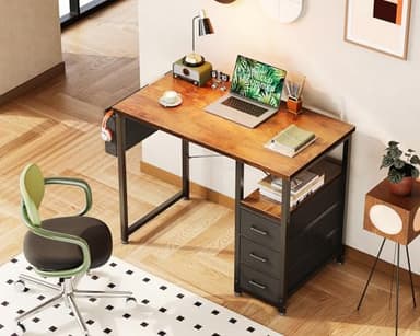AODK 32" Small Computer Desk with Fabric Drawers, Kids Girls Teen Study Writing Desk for Bedroom, Home Office Desk with Storage Shelf & Bag for Small Space, Vintage - Image 2
