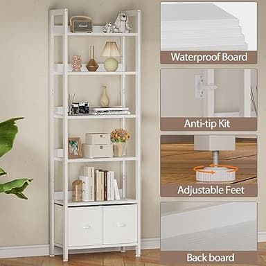 Furologee White 6 Tier Bookshelf with Drawers, Tall 71" Bookcase with Shelves, Modern Wood and Metal Bookshelves Storage Organizer, Display Free Standing Shelf Unit for Bedroom, Living Room, Office - Image 4