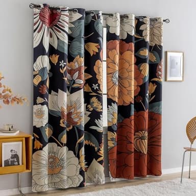 Tyrot Black Boho Floral 100% Blackout Curtains for Bedroom 84 inch Long 2 Panels Mid Century Botanical Black Out Curtains for Living Room Grommet Thermal Insulated Room Darkening Window Drapes,52Wx84L - Image 2