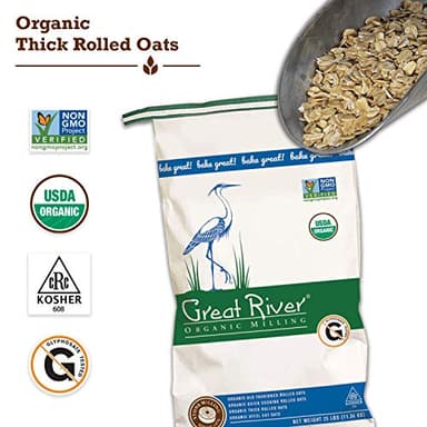 Great River Organic Milling Organic Extra Thick Rolled Oats | Whole Grain, Non-GMO, Kosher Certified | Hearty Texture for Oatmeal, Granola, Cookies, Baked Goods & Breakfast Recipes | 25 Lb (Pack of 1) - Image 5