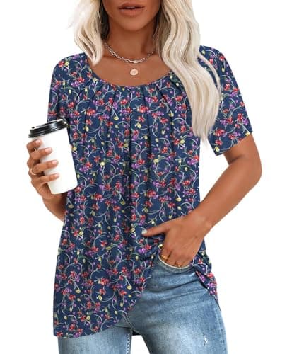 Anymeet Shirts for Women Spring Tunic Tops Short Sleeve Casual Tee Hide Belly Blouse for Leggings Navy Flowers Large - Image 1