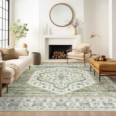 Area Rugs for Living Rooms - 8x10, Boho Non-Slip Low Pile Carpet Machine Washable Rugs for Bedroom, Farmhouse, Office, Dining Room (Green) - Image 3