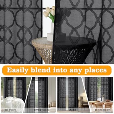 OWENIE Sheer Black Curtains 45 Inch Length 2 Panels, Geometric Jacquard Clip Textured Short Sheer Curtains for Small Window, Modern Elegant Bathroom Curtains Panels/Drapes Semi Sheer, Each 42x45 inch - Image 5