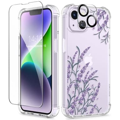 GVIEWIN for iPhone 14 Case Floral, with Screen Protector + Camera Lens Protector, [Non Yellowing] Soft Shockproof Clear Phone Protective Cover for Women, Flower Pattern Design 6.1" (Daphne/Purple) - Image 1