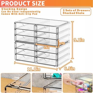 Yieach 2 Pack Acrylic Storage Drawers With 12 Small Drawer,Stackable Office Cabinet Organizer and Makeup Organizer,Clear Plastic Drawers for Craft Supply,Pen,Stationary,Accessory,Makeup,Desk Organizer - Image 2