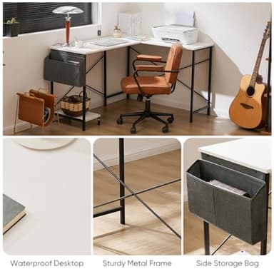Sweetcrispy L Shaped Computer Desk - Gaming Corner 50 Inch PC White Writing Study Student Table with Wooden Desktop CPU Stand Side Bag Reversible for Home Office Room Small Space, Black - Image 5
