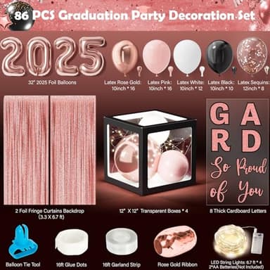 Graduation Party Decorations Class of 2025-86 PCS Grad Party Supplies With LED Light Strings Balloon Block Boxes with Letters Foil Curtain Backdrop 2025 Balloon Garland Kit - Black Pink Rose Gold - Image 2