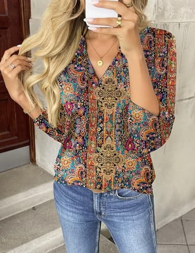 Zeagoo Womens Tops Long Sleeve V Neck T Shirts 2025 Boho Floral Tunics Business Work Blouses - Image 2