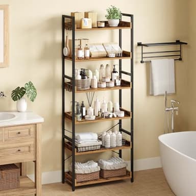Rolanstar Bookshelf 6 Tier with 4 Hooks, Industrial Wood Bookcase, Vintage Storage Rack with Open Shelves, Rustic Standing Bookshelves Metal Frame Display Rack for Living Room, Bedroom, Rustic Brown - Image 7