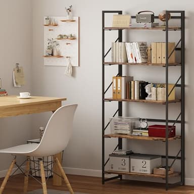 JSB No Assembly Folding Bookshelf, 5 Tier Industrial Metal Book Shelf for Storage, Vintage Wood Foldable Bookcase for Living Room, Bedroom, Office Organization Shelves - Image 4