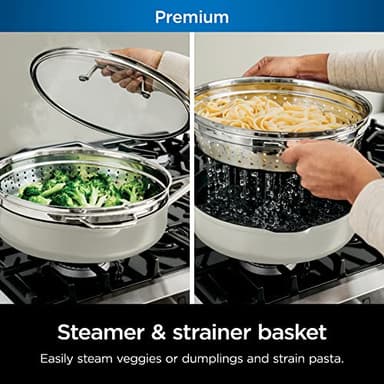 Ninja CW102WH Foodi NeverStick PossiblePan, Premium Set with 4-Quart Capacity Pan, Steamer/Strainer Basket, Glass Lid & Integrated Spatula, Nonstick, Durable & Oven Safe to 500°F, Vanilla Bean - Image 9
