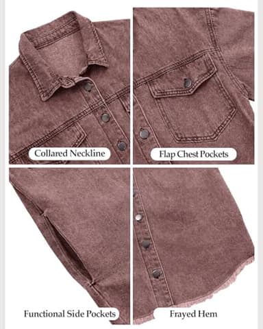 Vetinee Women's Oversized Boyfriend Brown Stone Front Button Up Frayed Raw Hem Long Sleeve Pockets Denim Jean Jacket Shacket Large Size 12 Size 14 - Image 7