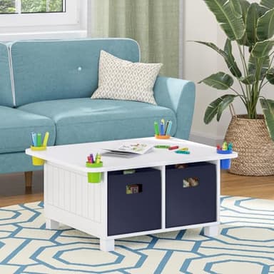 RiverRidge Kids Desk and Art Activity Table - Play Table with 4 Storage Cubbies & Removable Storage Cups for Crafts, Puzzles & Activities 2 Navy Folding Fabric Bins - Image 2