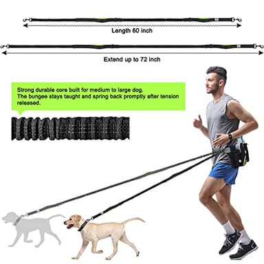 SHINE HAI Retractable Hands Free Dog Leash with Dual Bungees for 2 Dogs, Adjustable Waist Belt, Reflective Stitching Leash for Running Walking Hiking Jogging Biking Black - Green - Image 4