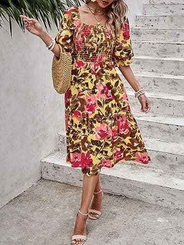 PRETTYGARDEN Women's Summer Dresses 2025 Casual Midi Spring Puff Sleeve Square Neck A Line Flowy Ruffle Boho Floral Smocked Sundress (Light Yellow Red Flower,M) - Image 9