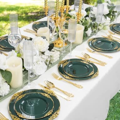 Joyido 102PCS Green and Gold Plates - Green Plastic Plate - Fancy Heavy Duty Disposable Plates - Heavyweight Disposable Dinner & Dessert Plate for 51 Guests for Party & Wedding - Image 5