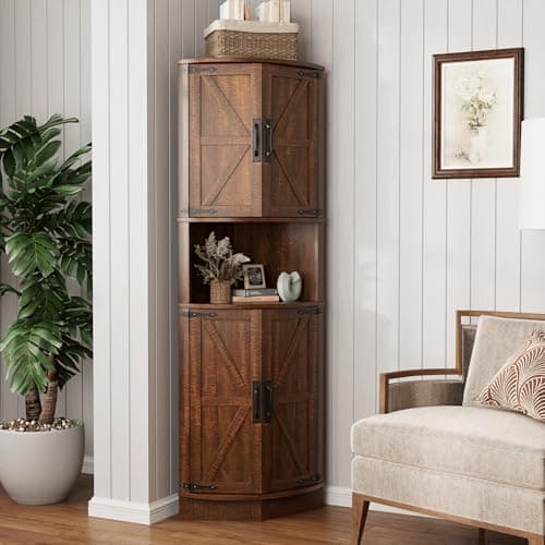 Vabches 64.8" Tall Farmhouse Corner Cabinet with 4 Doors and 5 Storage Shelves, Farmhouse Storage Cabinet with Barn Door Design, Home Space Saver for Living Room, Kitchen, Laundry Room,Brown - Image 1