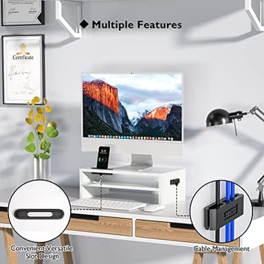 BONTEC Wooden Monitor Stand Riser, 2-Tier Desk Shelf with Storage Organizer, Ergonomic Computer Stand with Cable Management, Cellphone Holder, White, 16.5 Inch - Image 3