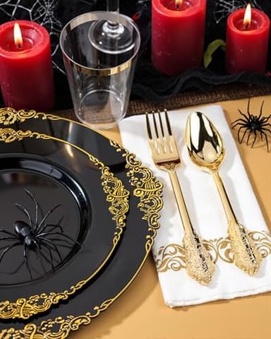 Nervure 350PCS Black Plastic Plates - Black Plastic Dinnerware Sets for 50 Guests - 100 Disposable Plates, 150 Gold Silverware, 50 Cups, 50 Napkins for Wedding & Party & Halloween - Image 5