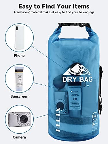 HEETA Dry Bag Waterproof for Women Men, Roll Top Lightweight Dry Storage Bag Backpack with Phone Case for Travel Swimming Boating Kayaking Paddle Board Camping Beach Accessories (Transparent Blue, 5L) - Image 7