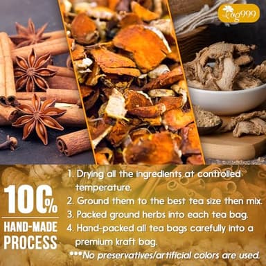 TOG999, Premium 20 Tea Bags Turmeric, Ginger, Cinnamon, 100% Natural, Hand-made Blend of Turmeric, Ginger, and Cinnamon Herbal Tea. Eco-conscious Tea Bags. No Sugar, No Caffeine, No Gluten, Vegan. - Image 7