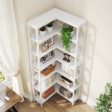 Tribesigns Corner Shelf, 7-Tier Industrial Corner Bookshelf, Wood and Metal Corner Etagere Bookcase, Freestanding Display Shelf for Living Room, Kitchen, Home Office, White - Image 7