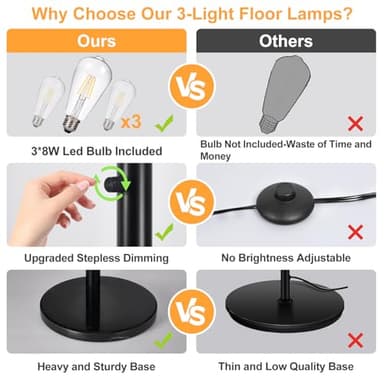 DLLT Modern Floor Lamp for Room: 3-Light Black Tree Dimmable Floor Lamps with Beige Shades for Living Room - Arc Standing Lamp for Bedroom - Tall Floor Lamp for Office Corner 3 LED Bulbs Included - Image 5