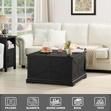 Joaxswe Farmhouse Coffee Table with Large Hidden Storage Compartment, Rustic Black Square Center Table, Wood Low Farm House Modern Living Room Tables with Hinged Lift Top & Wooden Arc Base - Image 6