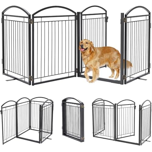 Paulmele Full Metal Free Standing Dog Gate with Door for Indoor & Outdoor,96'' Extra Wide 32'' Tall Dog Gate for The Doorways,Large Openings,Decks,Porch,Pet Freestanding Safety Fence(4 Panels,Black) - Image 1