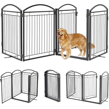 Paulmele Full Metal Free Standing Dog Gate with Door for Indoor & Outdoor,96'' Extra Wide 32'' Tall Dog Gate for The Doorways,Large Openings,Decks,Porch,Pet Freestanding Safety Fence(4 Panels,Black) - Image 1