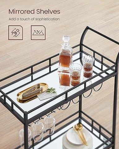VASAGLE Bar Cart Black, Home Bar Serving Cart, Wine Cart with 2 Mirrored Shelves, Wine Holders, Glass Holders, for Kitchen, Dining Room, Black ULRC090B62 - Image 4