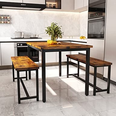 AWQM Dining Room Table Set, Kitchen Table Set with 2 Benches, Ideal for Home, Kitchen and Dining Room, Breakfast Table of 47.2x28.7x28.7 inches, Benches of 41.3x11.8x17.7 inches, Industrial Brown - Image 4
