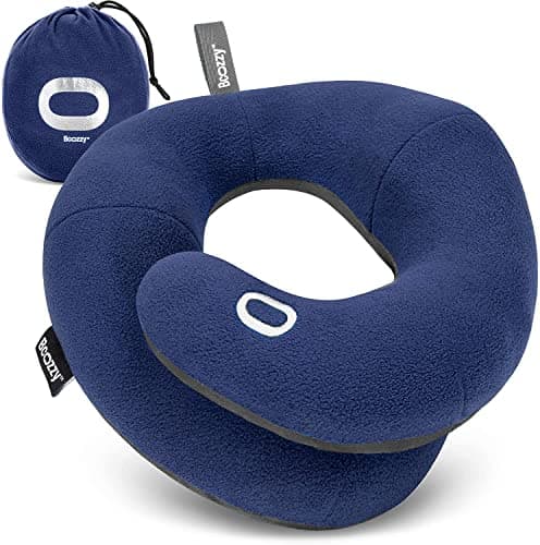 BCOZZY Travel Neck Pillow for Airplane – Patented Double Support for Head, Neck, and Chin. Best for Long Flights, Plane Sleeping & Car Rides. Adjustable Size. Fully Washable. Carry Bag. X-Large, Navy - Image 1