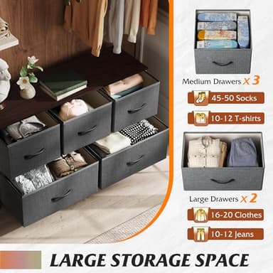 WLIVE Dresser for Bedroom with 5 Drawers, Wide Chest of Drawers, Fabric Dresser, Storage Organizer Unit with Fabric Bins for Closet, Living Room, Hallway, Dark Grey - Image 5