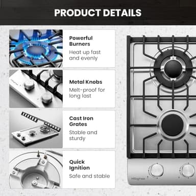 2 Burner Propane Stove, Hibghse 12 Inch Gas Cooktop Built-in Gas Stove NG/LPG Convertible Stainless Steel Stove Burner with Thermocouple Protection for Kitchen, Apartment, Outdoor, RVs - Image 4