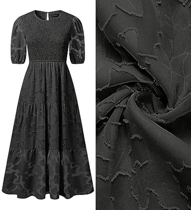 ZESICA Women's 2025 Summer Short Puff Sleeve Crewneck Smocked Floral Lace Flowy A Line Tiered Maxi Dresses,Black,XX-Large - Image 5