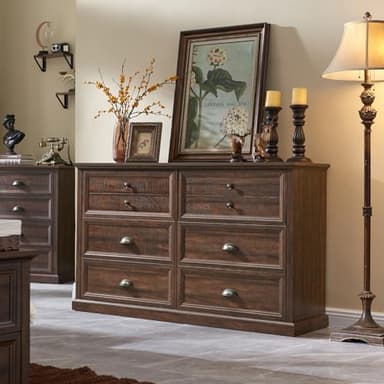 IFGET Farmhouse 6 Drawers Dresser for Bedroom, 58" Wide Dresser Chest of Drawers Organizer Storage, Wood Rustic Dresser for Closet w/Two Different Drawer Sizes for Living Room, Hallway, Brown - Image 3