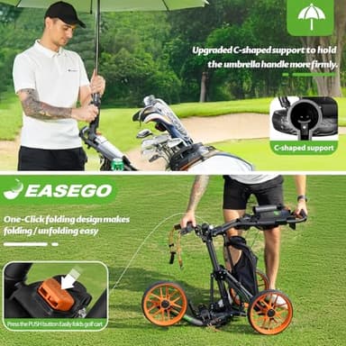 EASEGO Golf Push Cart 3 Wheel : Golf Bag Cart Foldable with Phone/Cup/Umbrella Holder Compact Golf Pull Carts Quick Fold Golf Caddy Push Carts with Large Wheelbase for Different Terrain (orange color) - Image 7