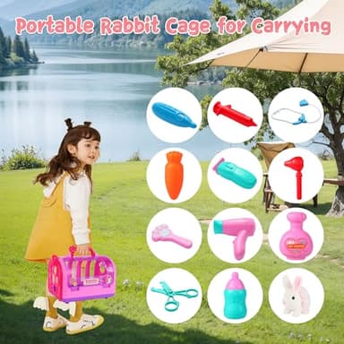 Easter Realistic Bunny Toys - 14-Piece Rabbit Toys with 6" Plush Bunny, Sounds, Hopping and Walking Action, Wiggling Ears, Twitching Nose & Rabbit Cage - Ideal Gift for Girls, Toddlers, Easter - Image 5